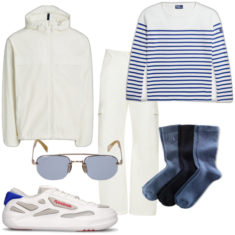 Outfit uomo - Il mare d\'inverno. Stile Trendy per Tutti i giorni. Abbinamento con calzini, cappotti, maglieria, occhiali da sole, pantaloni cargo, sneakers.