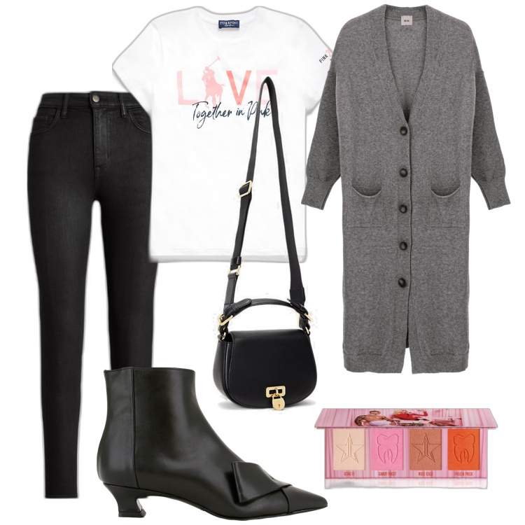 Outfit donna - Total look #1802692. Stile Trendy per Tutti i giorni. Abbinamento con blush, stivaletti, cardigans, borse a tracolla, jeans skinny, t-shirt.