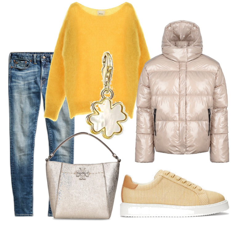 Outfit donna - Total look #1802700. Stile Trendy per Tutti i giorni. Abbinamento con pullovers, jeans skinny, sneakers, blazer, ciondoli, borse a mano.