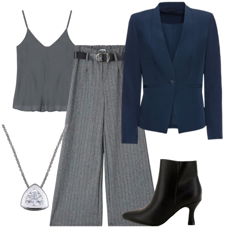 Outfit donna - Total look #1802701. Stile Casual chic per Serata fuori. Abbinamento con blazer, pantaloni, stivaletti, canottiere, ciondoli.