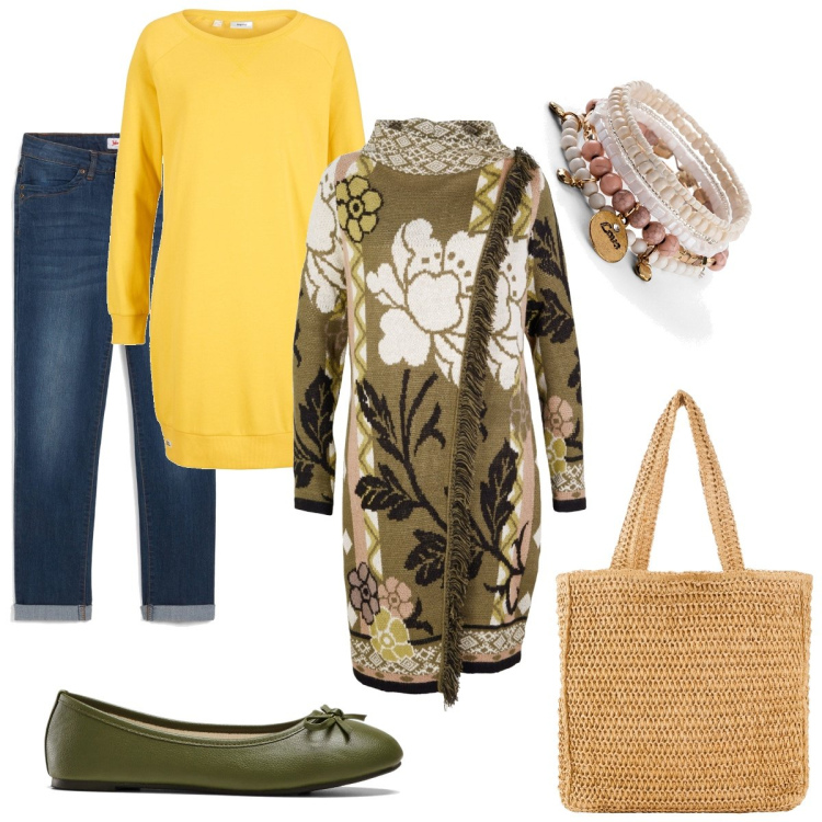 Outfit donna - Guardando alla primavera. Stile Casual chic per Serata fuori. Abbinamento con jeans dritti, braccialetti, cardigans, vestiti, ballerine, shopping bag.