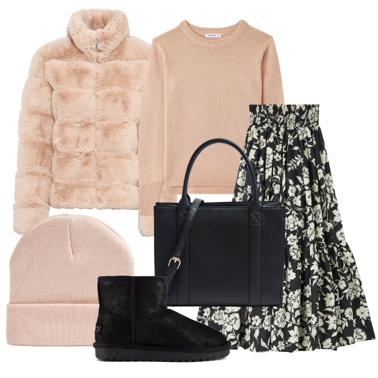 Outfit donna - Ghost outfitter - gennaio. Stile Glamour per Tutti i giorni. Abbinamento con ecopellicce, gonne lunghe, maglieria, shopping bag, berretti, stivali.