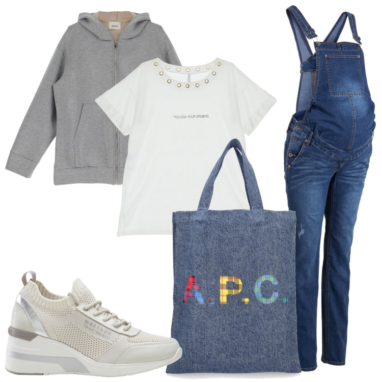 Outfit donna - In giro comoda. Stile Casual per Tutti i giorni. look ideale per Premaman. Abbinamento con sneakers, salopette, t-shirt, felpe con cappuccio, shopping bag.