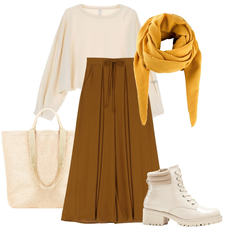 Outfit donna - Gli scarponcini chiari. Stile Trendy per Tutti i giorni. Abbinamento con foulard, stivaletti, borse tote, felpe, pantaloni a palazzo.