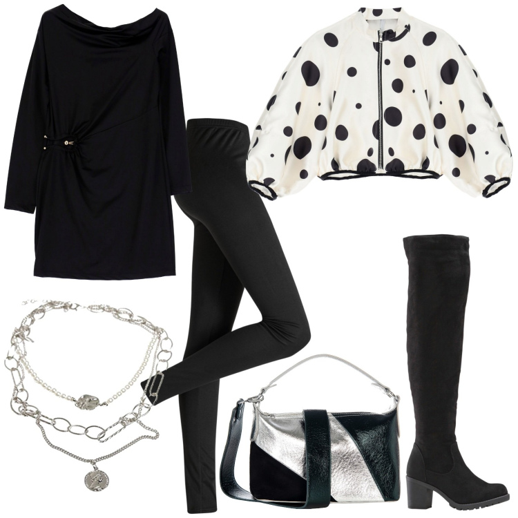 Outfit donna - Giovane e trendy. Stile Trendy per Serata fuori. Abbinamento con leggings, stivali sopra il ginocchio, borse a mano, vestiti corti, cappotti, ciondoli.