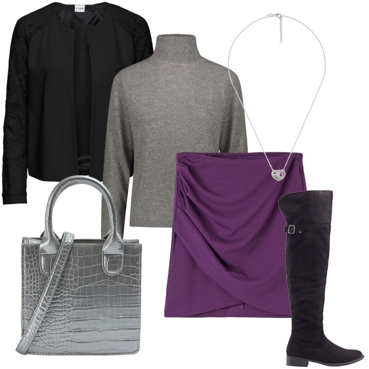 Outfit donna - La minigonna viola. Stile Urban per Serata fuori. Abbinamento con blazer, stivali sopra il ginocchio, gonne, shopping bag, maglieria, collane.