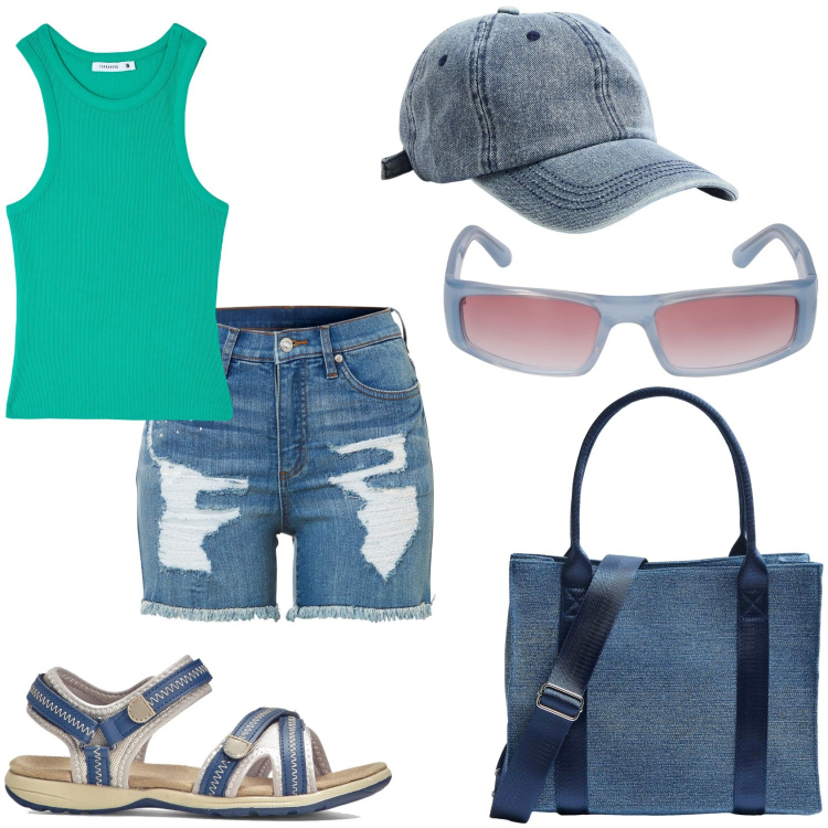 Outfit donna - Vado al mare. Stile Basic per Tutti i giorni. Abbinamento con sandali, shorts, shopping bag, cappelli, canottiere, occhiali da sole.