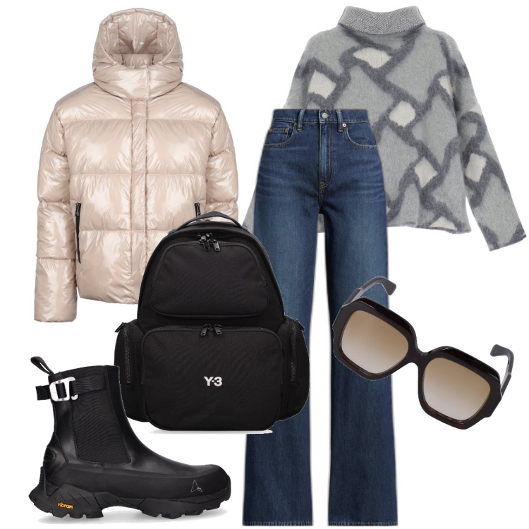 Outfit donna - Bombardino in montagna. Stile Casual per Tutti i giorni. Abbinamento con maglieria, jeans, blazer, occhiali da sole, stivaletti chelsea, zaini.