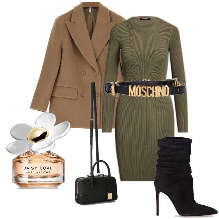 Outfit donna - Il profumo di Marc Jacobs. Stile Bon Ton per Serata fuori. Abbinamento con profumi, cappotti, vestiti, borse a mano, cinture, stivaletti.