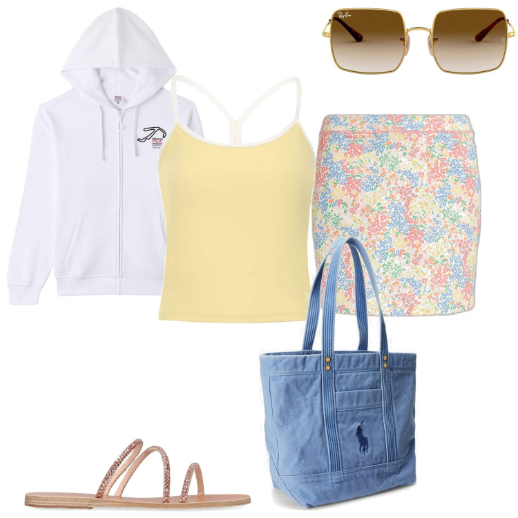 Outfit donna - Aperitivo al mare. Stile Casual chic per Tutti i giorni. Abbinamento con felpe con cappuccio, borse tote, minigonne, occhiali da sole, sandali in pelle, canottiere.