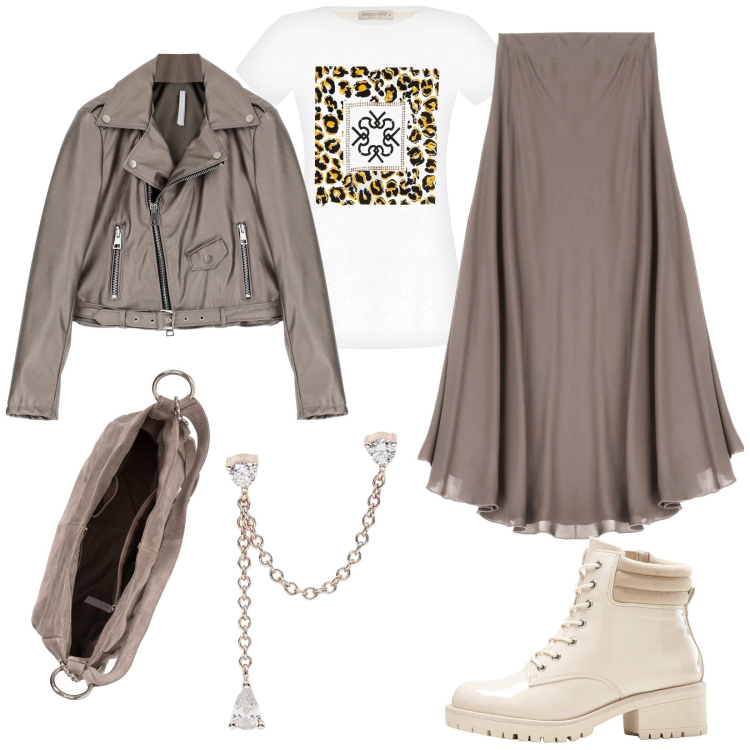 Outfit donna - Giovane e trendy per un party. Stile Trendy per Serata fuori. Abbinamento con borse a mano, stivaletti, orecchini, t-shirt, cappotti, gonne longuette.