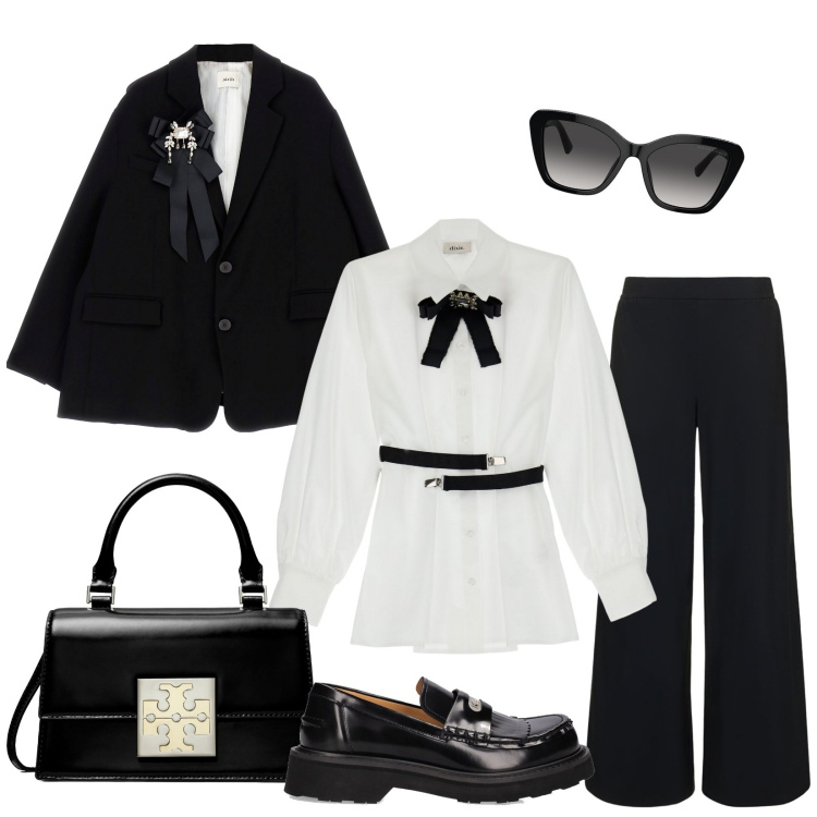Outfit donna - Woman in Black. Stile Casual chic per Serata fuori. Abbinamento con camicie, cappotti, occhiali da sole, mocassini, pantaloni, borse a mano.