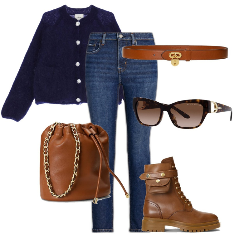 Outfit donna - Accessori Lauren. Stile Casual per Tutti i giorni. Abbinamento con cardigans, cinture, stivaletti, borse a secchiello, jeans dritti, occhiali da sole.