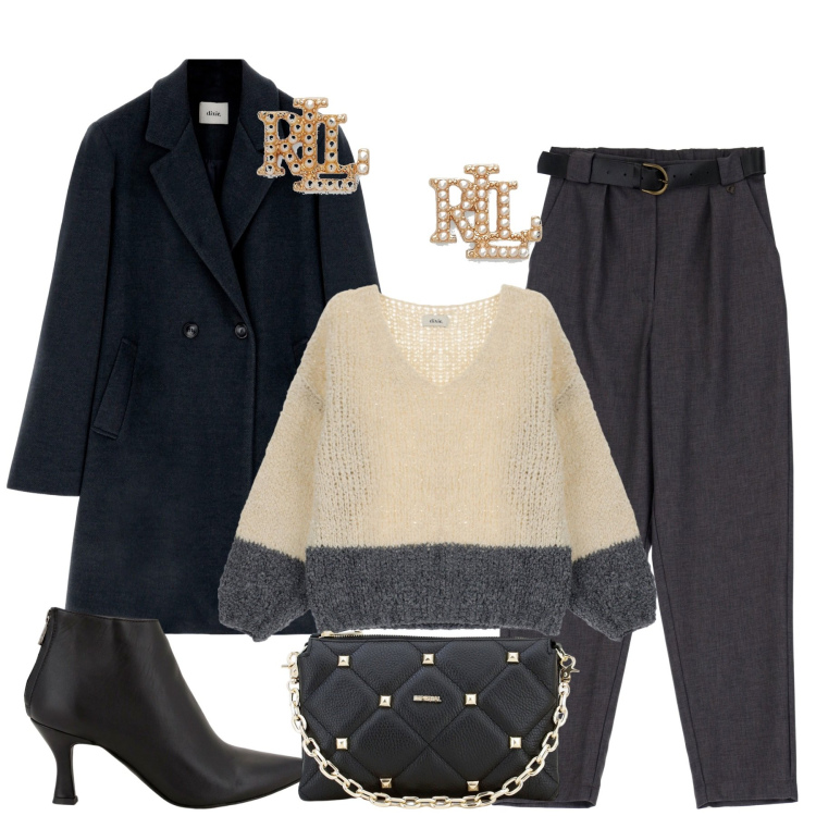 Outfit donna - Woman on street. Stile Casual chic per Tutti i giorni. Abbinamento con pochette, maglieria, pantaloni, cappotti, stivaletti, orecchini.