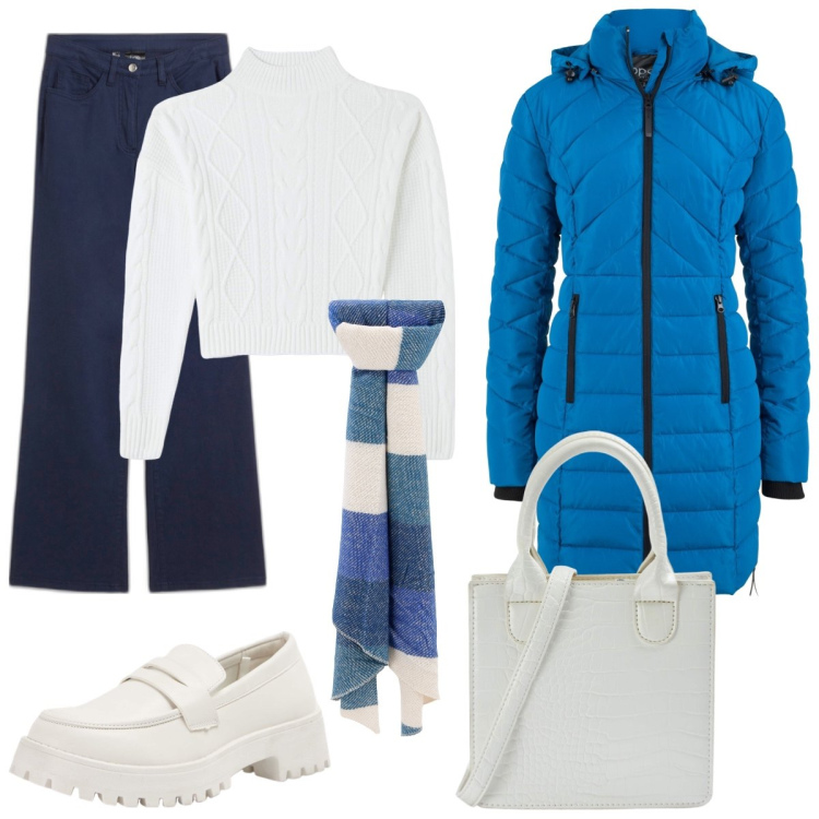 Outfit donna - Sessione in università. Stile Casual per Scuola/Università. Abbinamento con blazer, pantaloni, maglieria, shopping bag, mocassini, sciarpe.