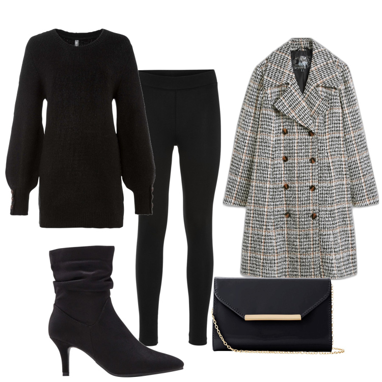 Outfit donna - Total look #1802789. Stile Casual chic per Serata fuori. Abbinamento con maglieria, cappotti, leggings, stivaletti, pochette.