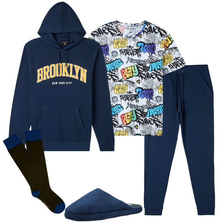 Outfit uomo - Sunday morning. Stile Casual per Tutti i giorni. Abbinamento con t-shirt, pantaloni sportivi, pantofole, felpe sportive, calzini.
