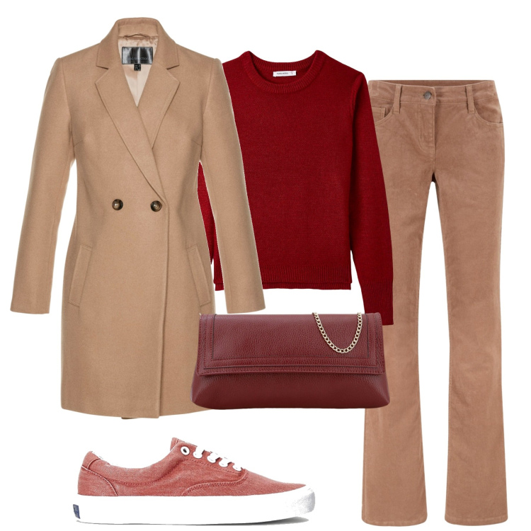 Outfit donna - Street style. Stile Casual chic per Tutti i giorni. Abbinamento con pantaloni, cappotti, maglieria, pochette, sneakers.