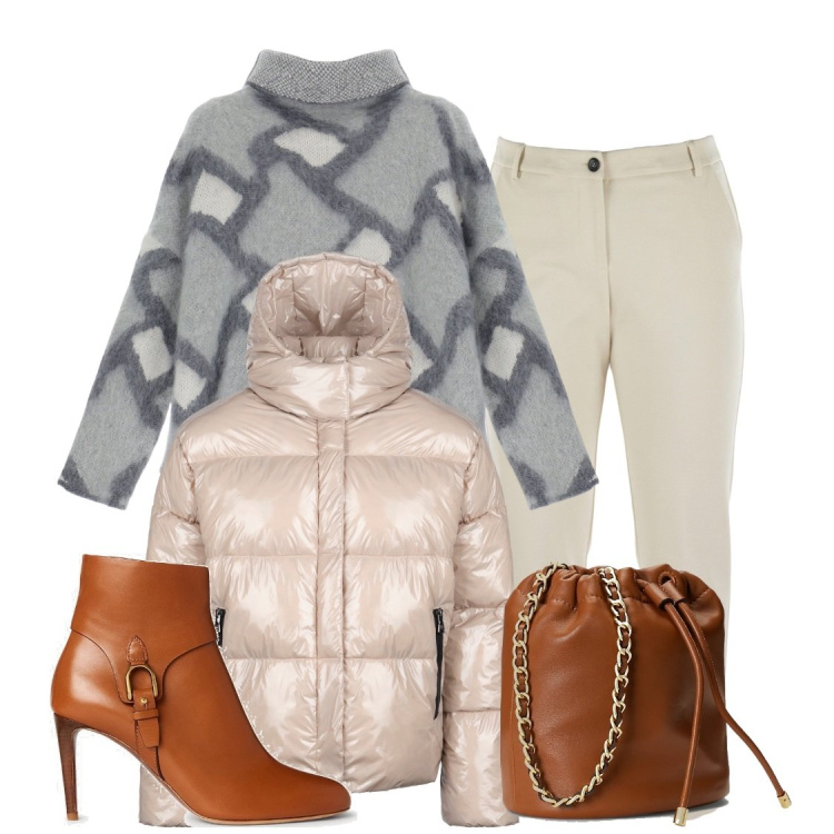 Outfit donna - Elegante al caldo. Stile Casual chic per Tutti i giorni. Abbinamento con maglieria, stivaletti, borse a secchiello, blazer, pantaloni.