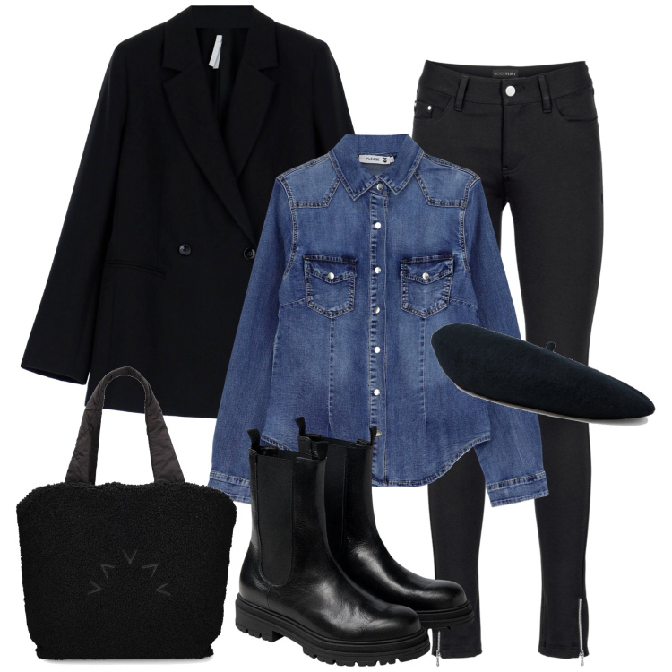 Outfit donna - City. Stile Casual chic per Tutti i giorni. Abbinamento con pantaloni, camicie, blazer, berretti, stivaletti chelsea, shopping bag.
