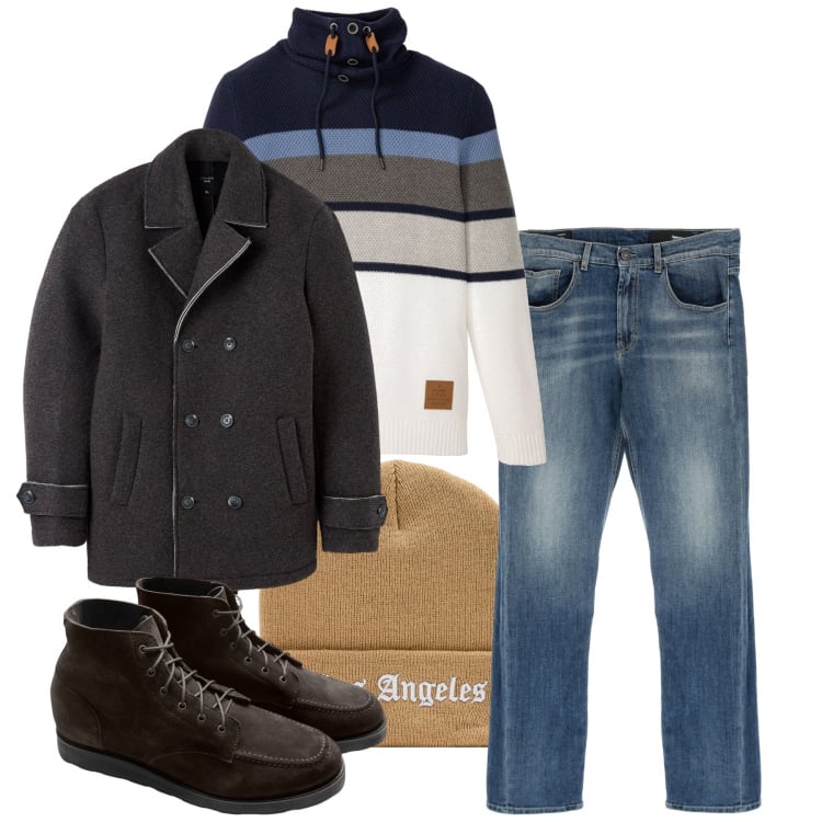 Outfit uomo - Inverno. Stile Casual per Tutti i giorni. Abbinamento con maglieria, giacche, berretti, jeans dritti, stivali e stivaletti.