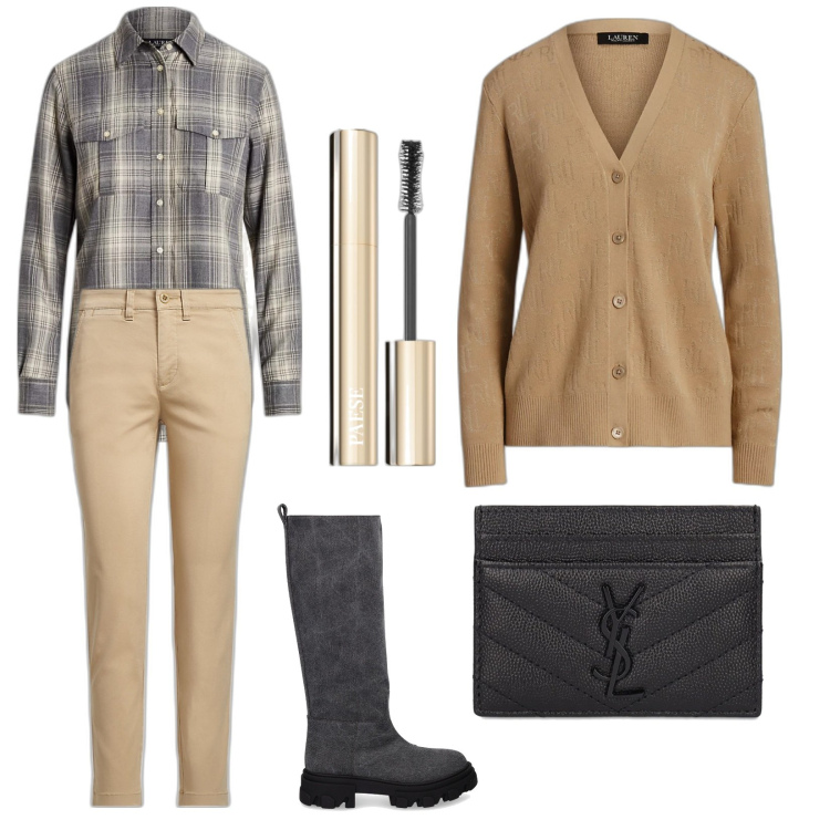 Outfit donna - Total look #1802827. Stile Trendy per Tutti i giorni. Abbinamento con mascara, camicie, cardigans, pantaloni chino, stivali, portafogli.