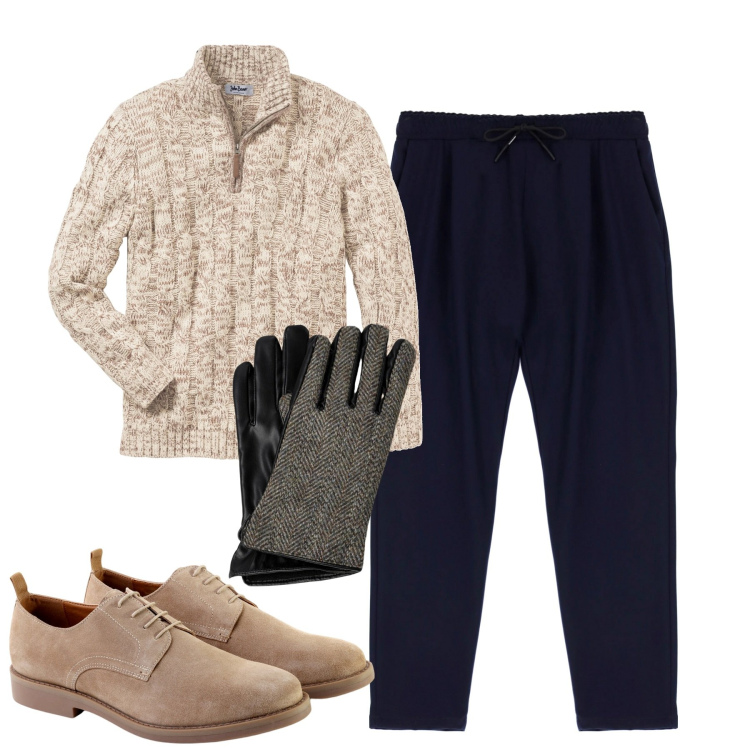 Outfit uomo - City. Stile Trendy per Tutti i giorni. Abbinamento con maglieria, pantaloni, scarpe stringate, guanti.