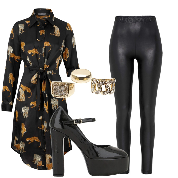 Outfit donna - Istinto felino. Stile Etnico per Serata fuori. Abbinamento con vestiti chemisier, treggings, décolleté, anelli.