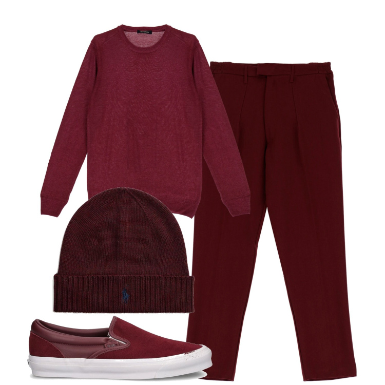 Outfit uomo - Red. Stile Trendy per Tutti i giorni. Abbinamento con pantaloni, pullovers, berretti, sneakers.