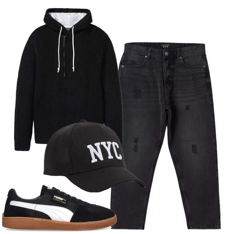 Outfit uomo - Total look #1802880. Stile Casual per Tutti i giorni. Abbinamento con maglieria, cappelli, jeans strappati, sneakers.