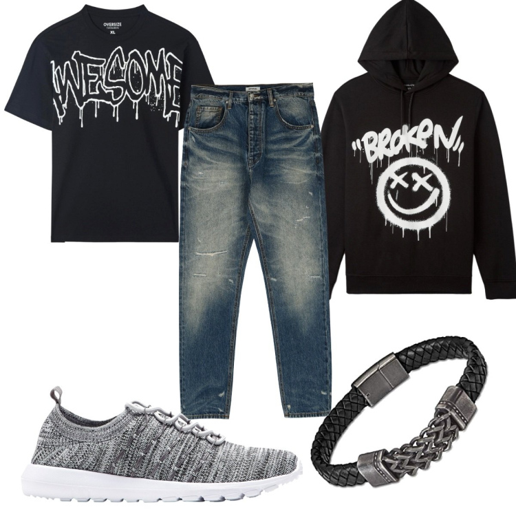 Outfit uomo - Total look #1802905. Stile Urban per Tutti i giorni. Abbinamento con sneakers, t-shirt, felpe con cappuccio, jeans dritti, braccialetti.
