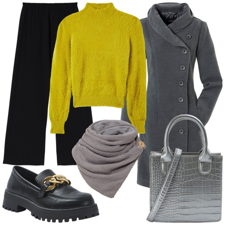 Outfit donna - La semplicità paga. Stile Casual chic per Tutti i giorni. Abbinamento con cappotti, foulard, maglieria, mocassini, shopping bag, pantaloni a palazzo.