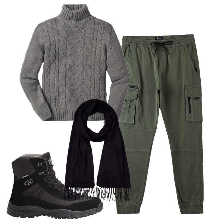 Outfit uomo - Total look #1802913. Stile Casual per Tutti i giorni. Abbinamento con maglieria, stivali e stivaletti, pantaloni cargo, sciarpe.