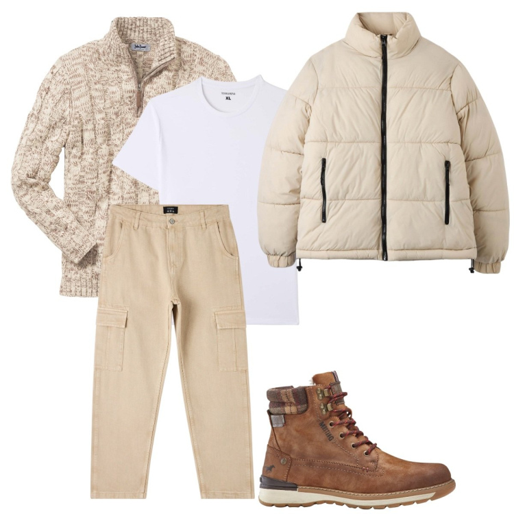 Outfit uomo - Colazione fuori. Stile Trendy per Tutti i giorni. Abbinamento con maglieria, stivali e stivaletti, t-shirt, piumini, pantaloni cargo.