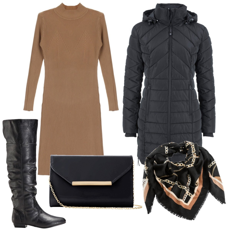 Outfit donna - Al ristorante. Stile Casual per Serata fuori. Abbinamento con blazer, stivali sopra il ginocchio, foulard, pochette, vestiti corti.