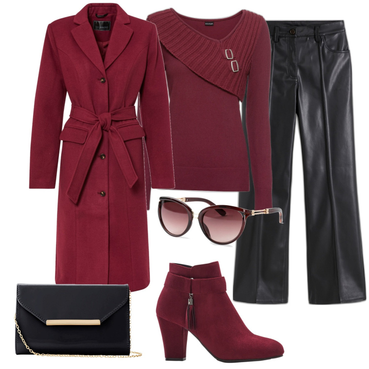 Outfit donna - Eleganza in bordeaux. Stile Casual chic per Serata fuori. Abbinamento con maglieria, occhiali da sole, stivaletti, cappotti, pantaloni, pochette.