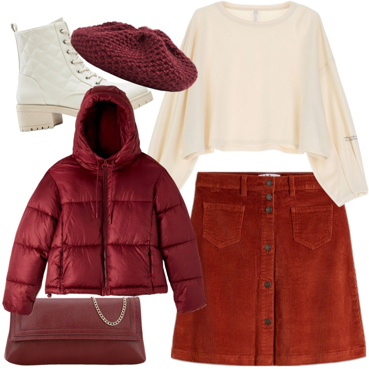 Outfit donna - Total look #1802925. Stile Casual per Tutti i giorni. Abbinamento con gonne, stivaletti, cappelli e berretti, piumini, felpe, pochette.