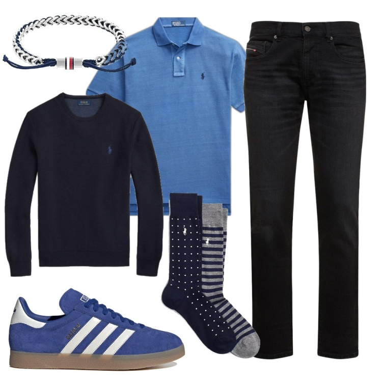 Outfit uomo - Metto la polo. Stile Urban per Tutti i giorni. Abbinamento con maglieria, calzini, polo, braccialetti, jeans slim fit, sneakers.
