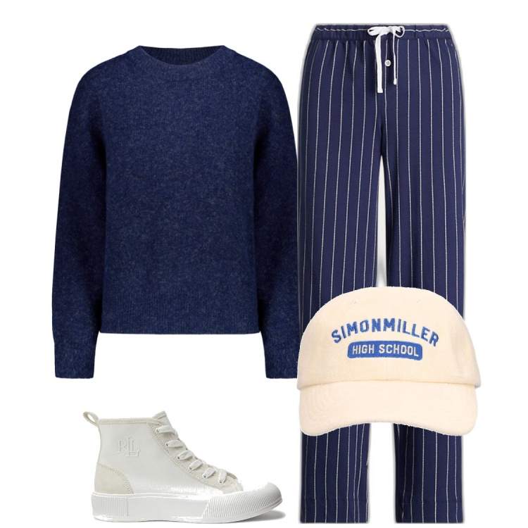 Outfit donna - Alla partita. Stile Sporty chic per Sport. Abbinamento con pantaloni, sneakers, maglieria, cappelli.