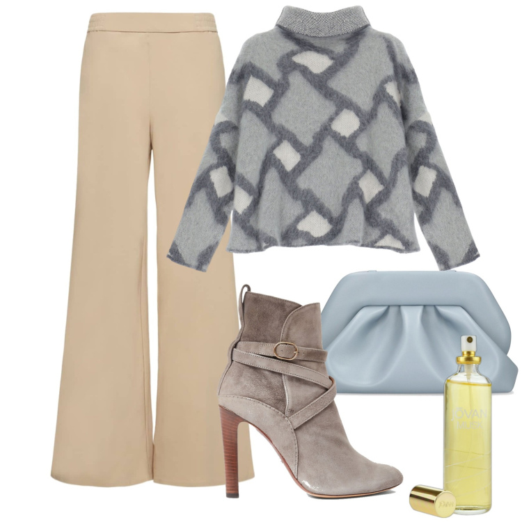 Outfit donna - Perfetta con poco. Stile Chic per Ufficio. Abbinamento con profumi, maglieria, stivaletti, pochette, pantaloni.