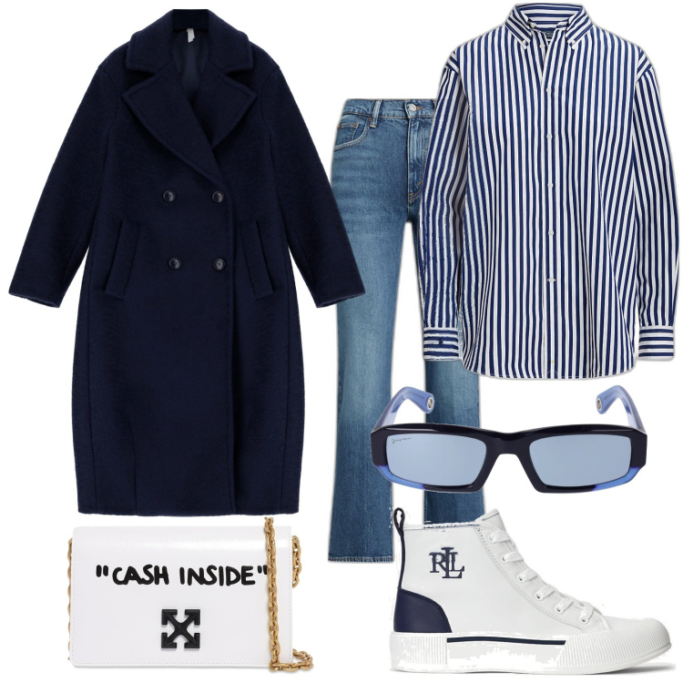 Outfit donna - Total look #1802954. Stile Trendy per Tutti i giorni. Abbinamento con cappotti, camicie, jeans bootcut, sneakers, borse a spalla, occhiali da sole.