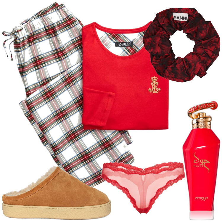 Outfit donna - Domenica relax. Stile Basic per Tutti i giorni. Abbinamento con profumi, pigiama, accessori per capelli, pantofole, perizomi.