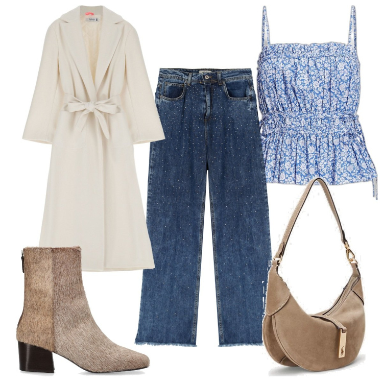 Outfit donna - Total look #1802993. Stile Boho per Tutti i giorni. Abbinamento con cappotti, borse a spalla, top, jeans, stivaletti.