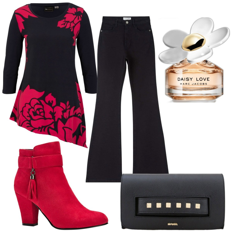 Outfit donna - Total look #1802996. Stile 70s per Tutti i giorni. Abbinamento con maglieria, stivaletti, profumi, jeans a zampa, pochette.