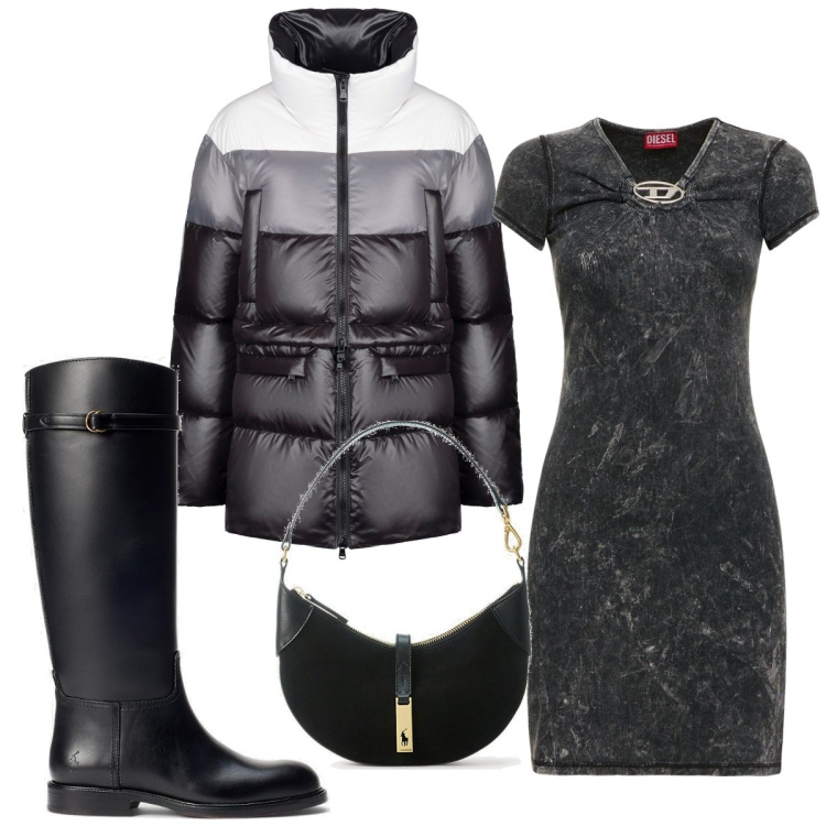 Outfit donna - Total look #1802999. Stile Basic per Tutti i giorni. Abbinamento con piumini, borse a spalla, stivali, vestiti.