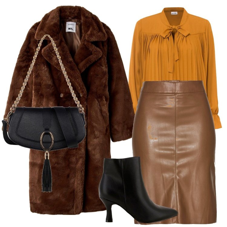 Outfit donna - Domenica a pranzo. Stile Bon Ton per Cerimonia. Abbinamento con gonne longuette, bluse, ecopellicce, borse a spalla, stivaletti.