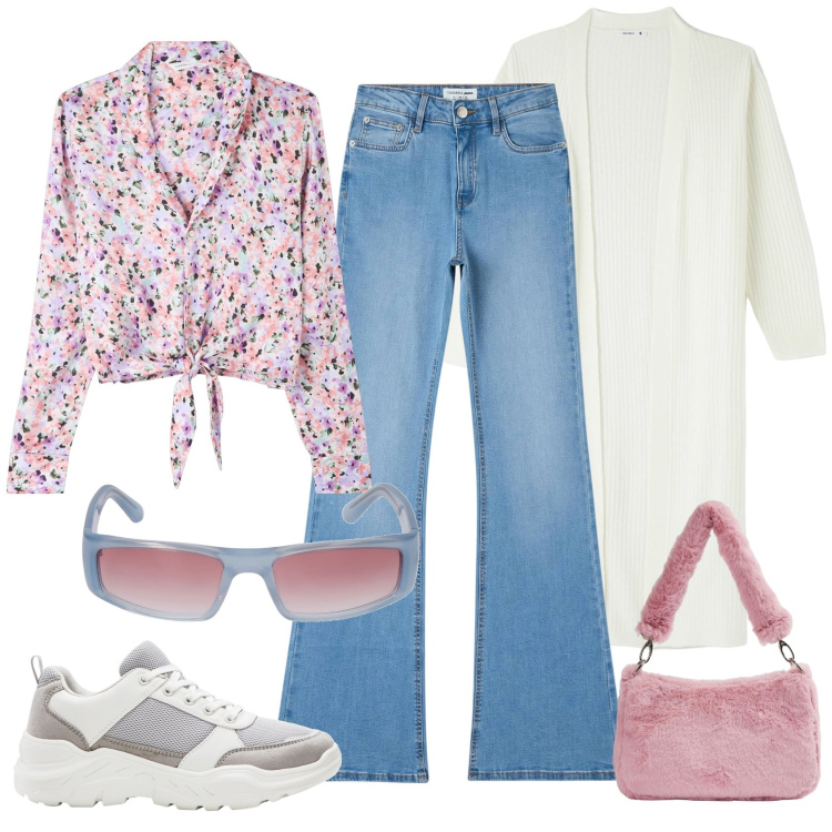 Outfit donna - Voglia di primavera. Stile Casual per Tutti i giorni. Abbinamento con sneakers, camicie, jeans a zampa, cardigans, borse a spalla, occhiali da sole.