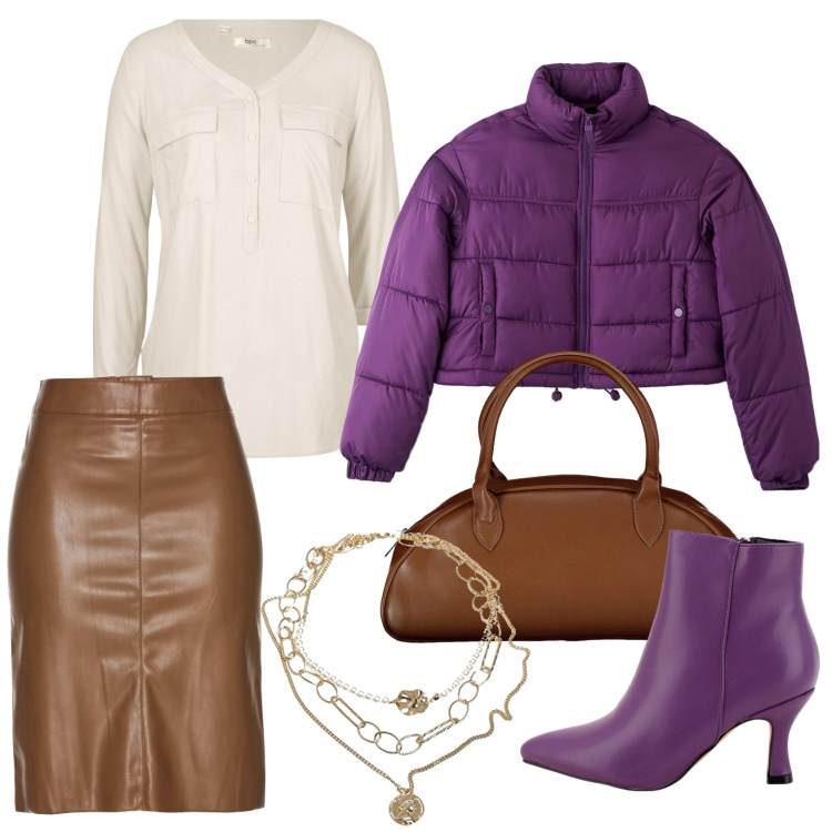 Outfit donna - Viola e tabacco. Stile Casual chic per Serata fuori. Abbinamento con gonne longuette, bluse, piumini, stivaletti, ciondoli, borse a spalla.