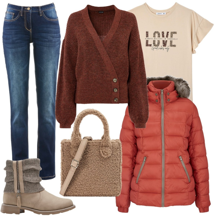 Outfit donna - Jeans e piumino. Stile Casual per Tutti i giorni. Abbinamento con jeans dritti, maglieria, piumini, stivaletti, shopping bag, t-shirt.