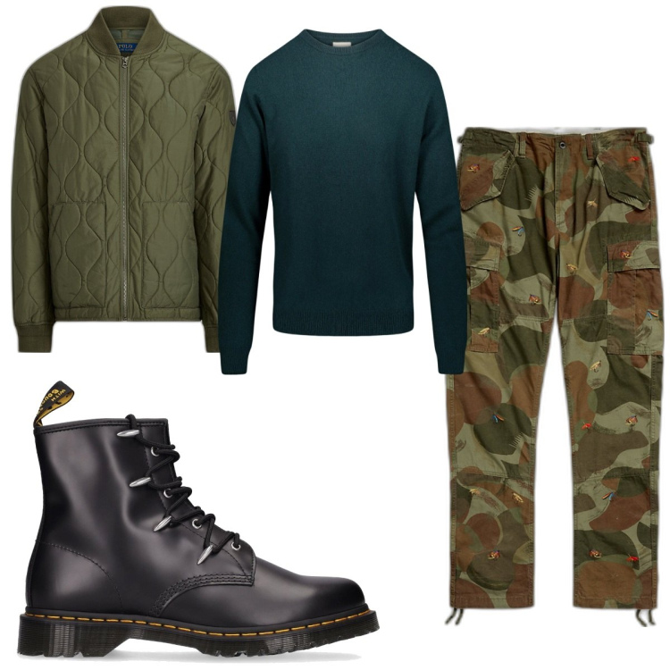 Outfit uomo - Total look #1803061. Stile Trendy per Tutti i giorni. Abbinamento con bomber, pantaloni cargo, maglieria, stivali.